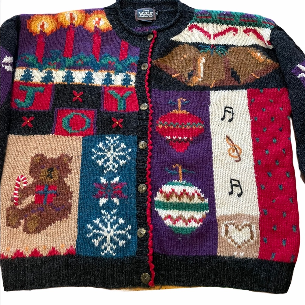 Wool rich hand knit Christmas sweater button up